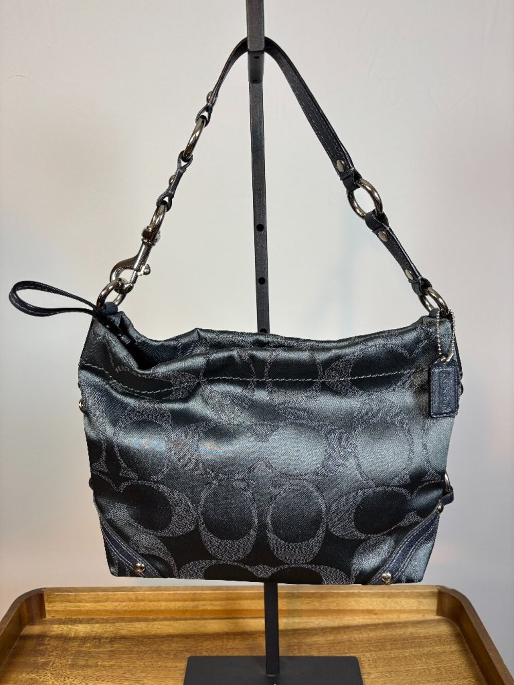 Coach Signature Dark Blue Gray Carly Hobo Shoulder Bag